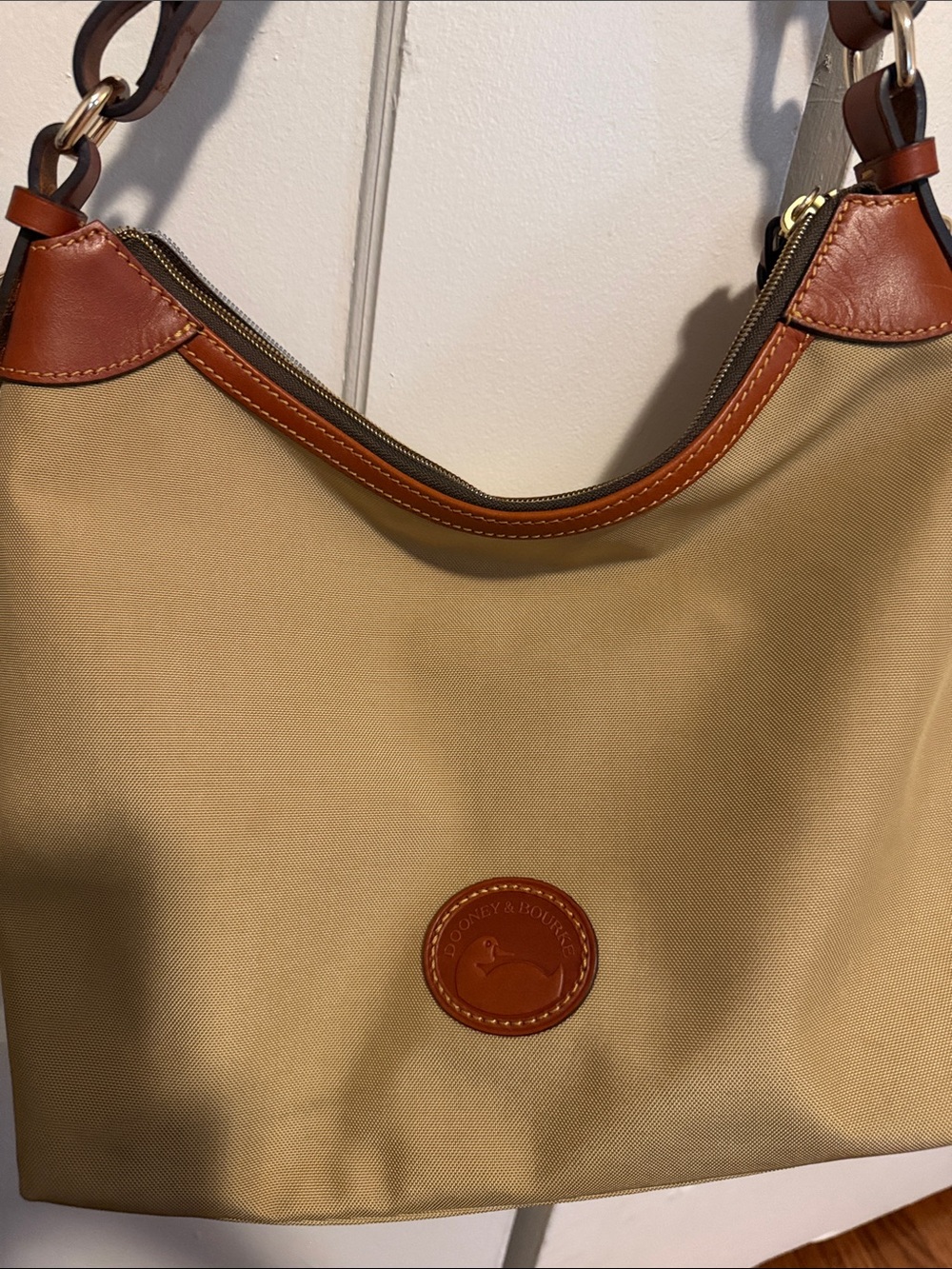 Dooney & Bourke Tan Canvas Hobo with Brown Leather Trim